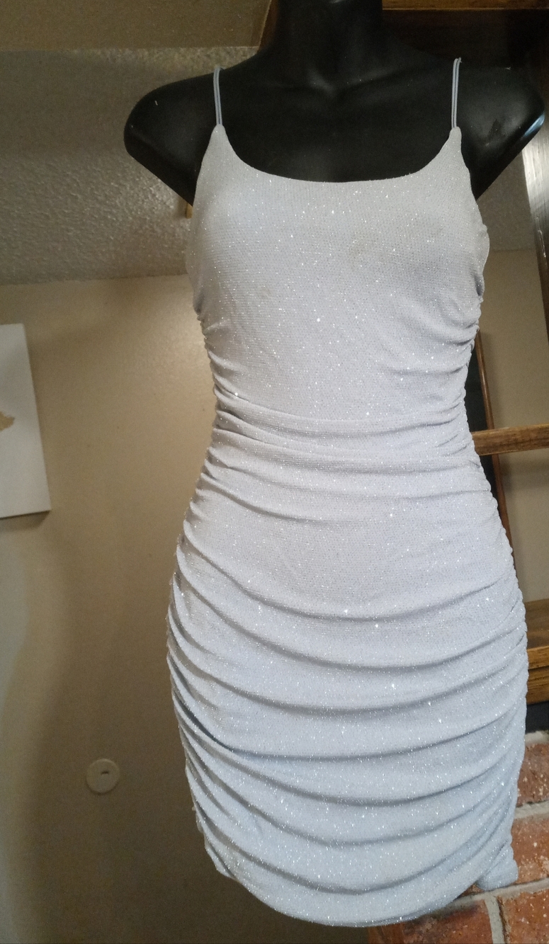 B Darlin Silver Sparkle Ruched Spaghetti Strap Mini Dress